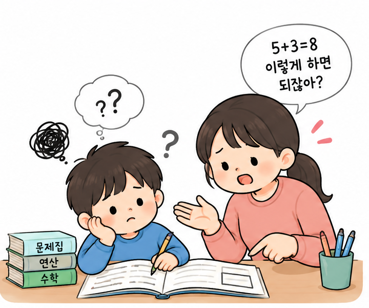 아이에게 수학을 설명하는 부모와 아이의 서로 다른 생각을 표현한 그림