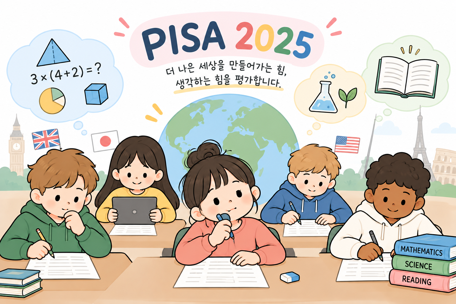 세계 여러 나라의 15세 학생들이 PISA 평가에 참여하는 모습을 표현한 교육 삽화