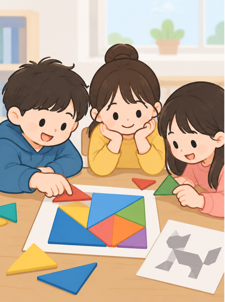 칠교와 종이접기, 퍼즐 등 다양한 수학 놀이를 하며 생각하는 초등학생들