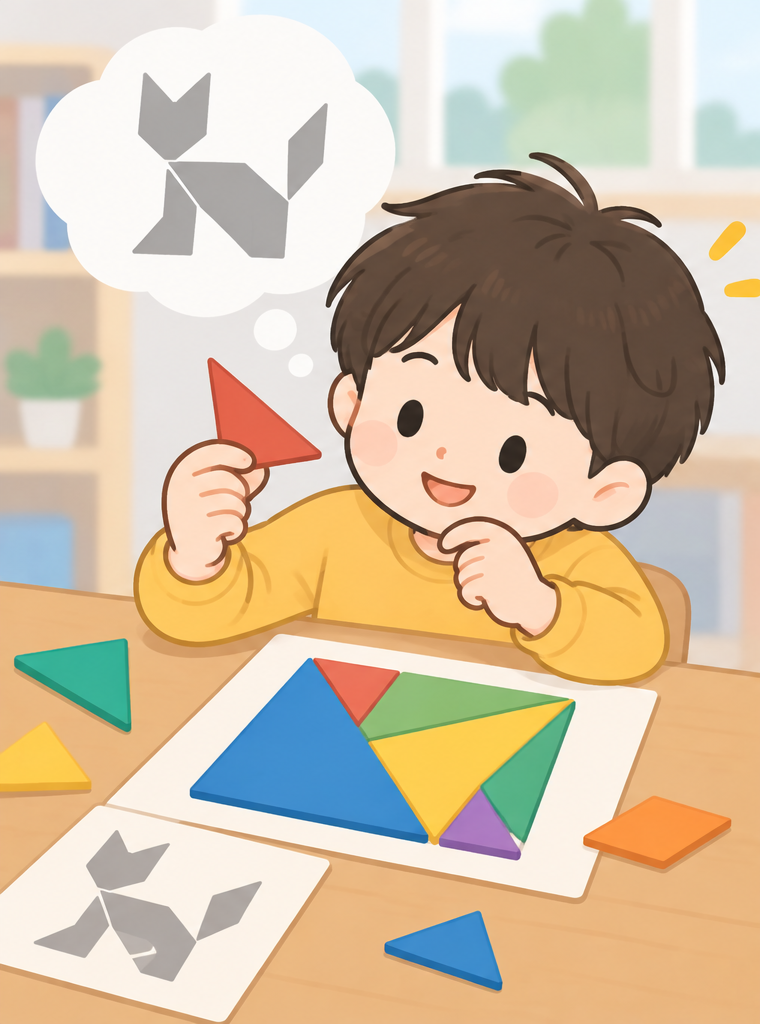 일곱 개의 칠교 조각을 돌리고 배치하며 여러 모양을 만드는 초등학생