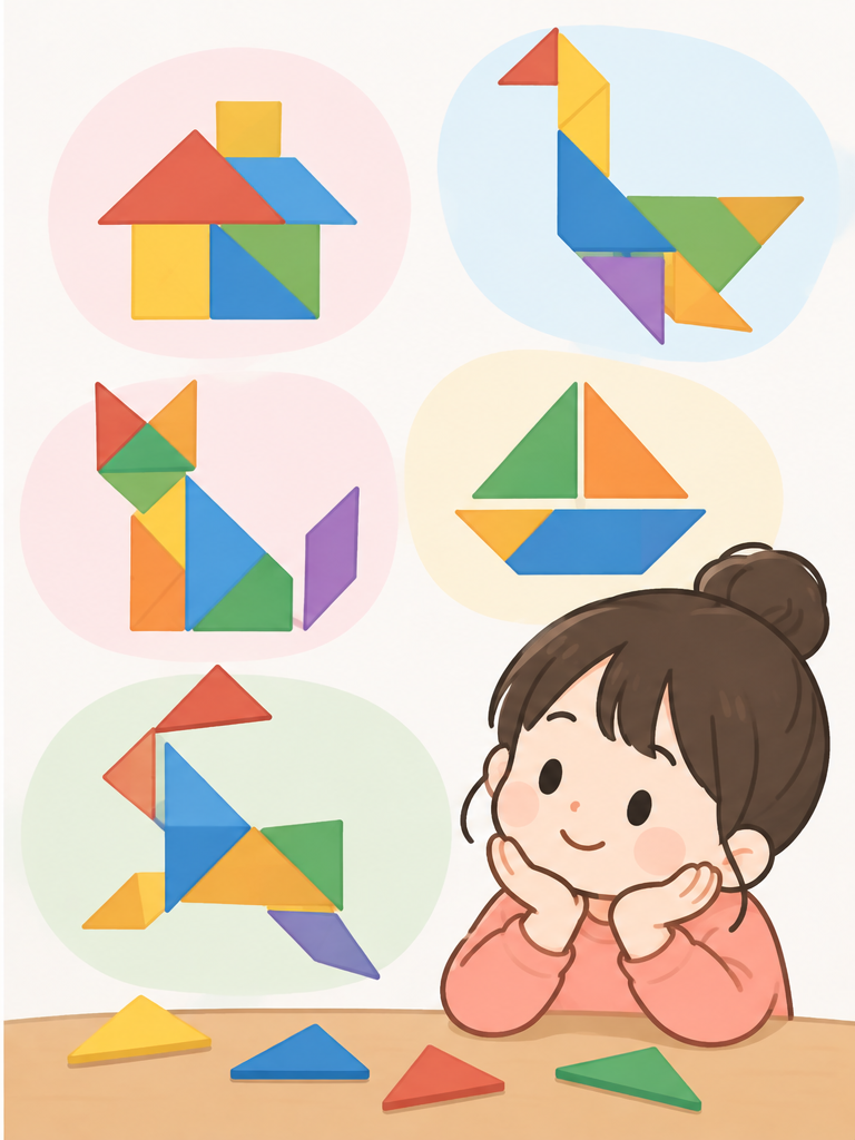 칠교 조각을 회전하고 뒤집으며 목표 모양을 완성하는 과정을 표현한 그림