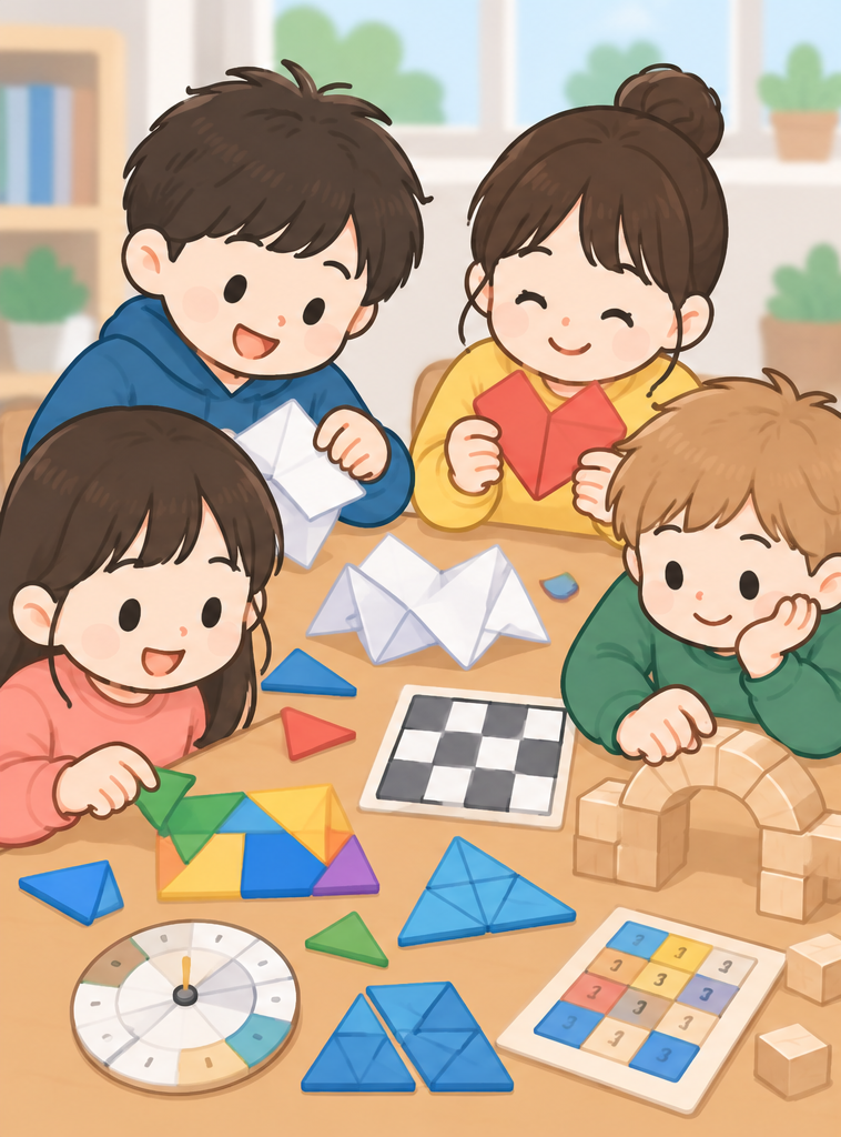 종이접기와 칠교, 도형 퍼즐, 마방진 등 다양한 사고력 수학 놀이를 하는 초등학생들