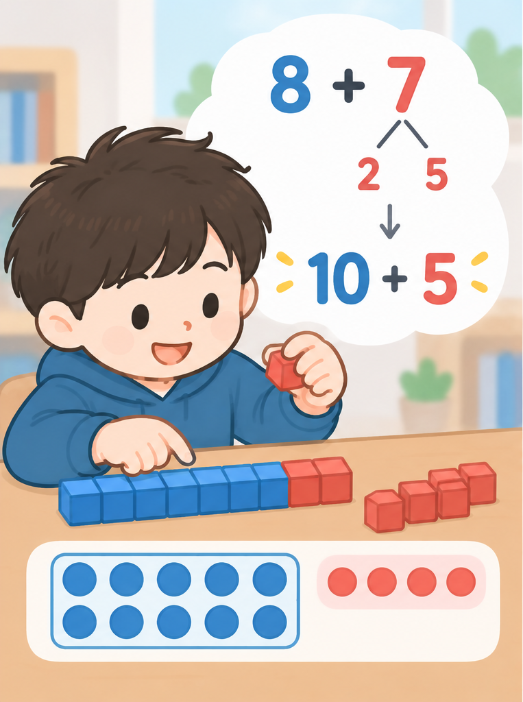 8과 7을 수 모형으로 나타내고 7에서 2를 옮겨 10과 5로 만드는 과정을 보여주는 그림