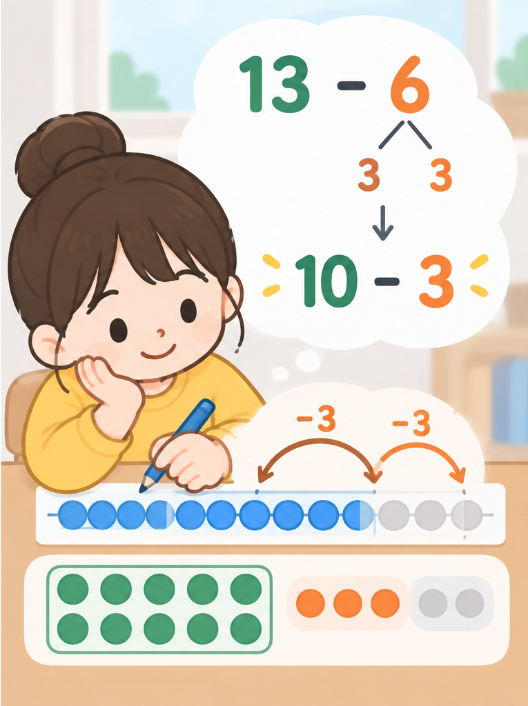 10을 기준으로 13에서 6을 빼는 과정을 수 모형과 간단한 수 표현으로 보여주는 그림