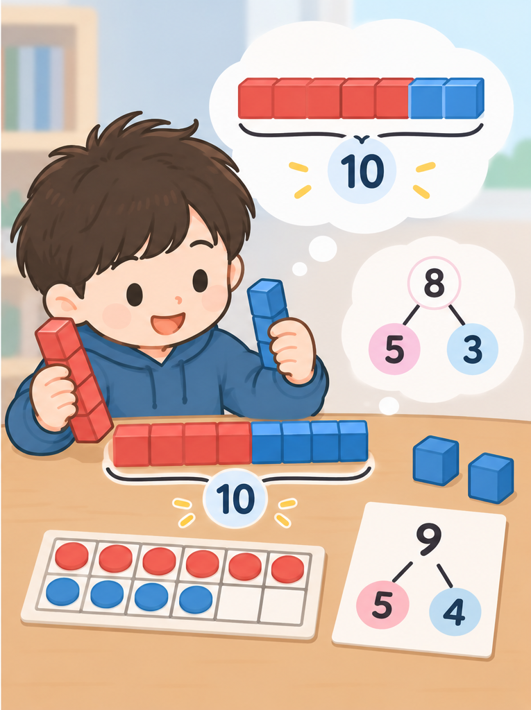 8과 7을 각각 5와 3, 5와 2로 나누어 두 개의 5를 10으로 묶는 덧셈 과정