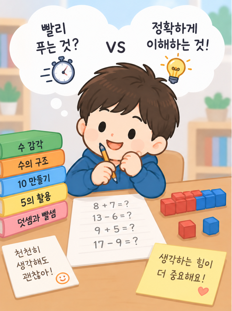 같은 덧셈 문제를 한 아이는 하나씩 세고 다른 아이는 수를 묶어 계산하는 모습을 비교한 그림