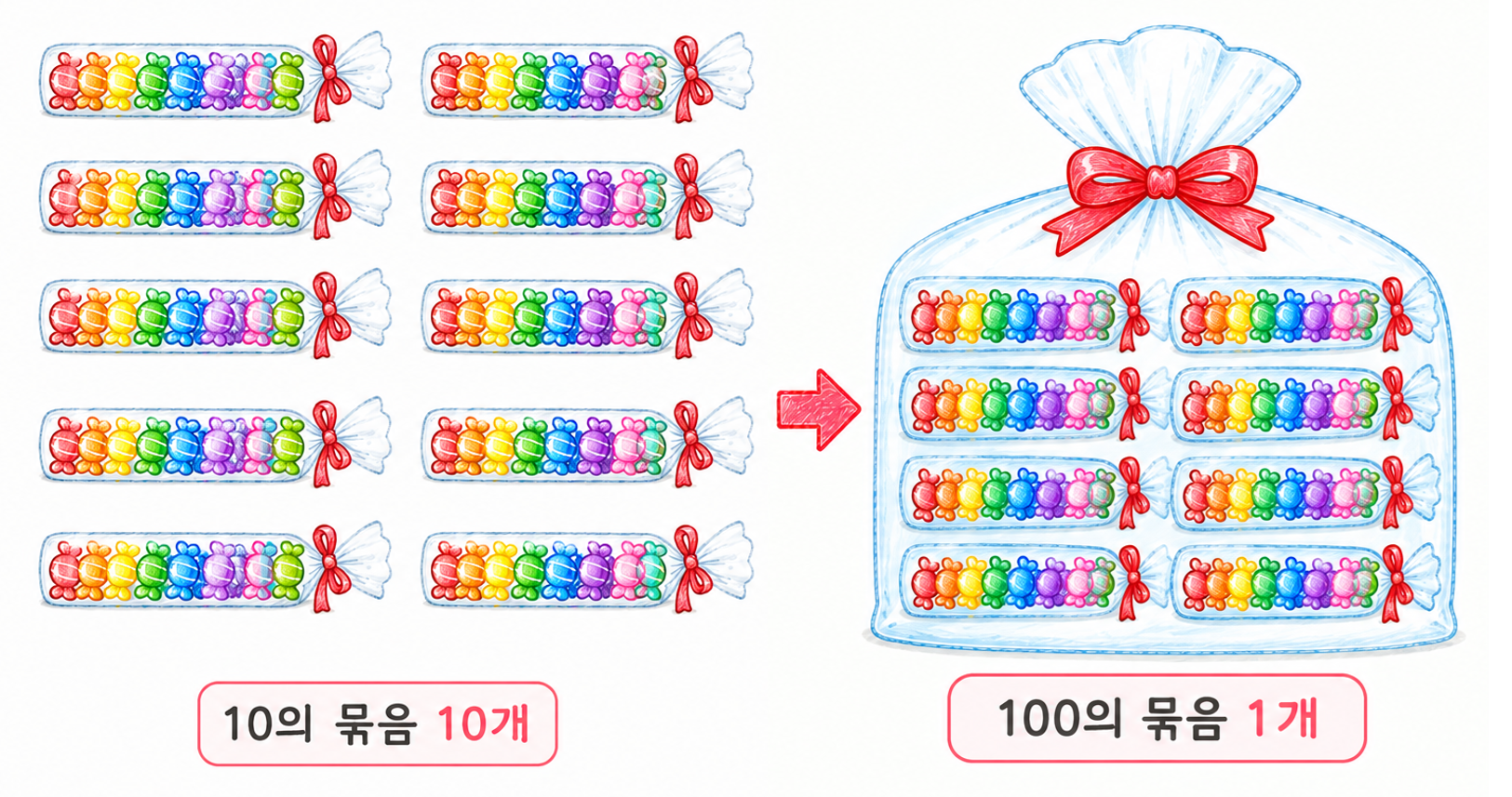 10개짜리 사탕 다발 10개가 모여 100개짜리 큰 다발 1개가 되는 모습