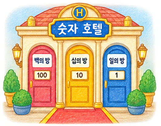 숫자 호텔의 세 개의 방문. 왼쪽부터 백의 방, 십의 방, 일의 방이라는 표지판이 붙어 있다