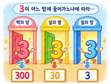 숫자 3이 일의 방에서는 3, 십의 방에서는 30, 백의 방에서는 300이 되는 모습을 세 단계로 비교한 그림