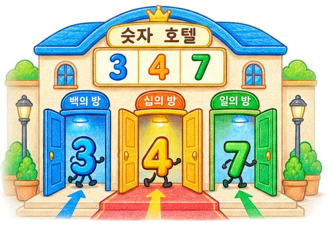 숫자 347이 각각 3, 4, 7로 나뉘어 백의 자리, 십의 자리, 일의 자리 방으로 들어가는 모습