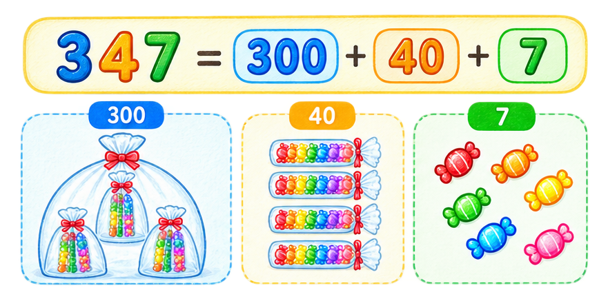 347 = 300 + 40 + 7 로 자릿값을 풀어서 보여주는 그림