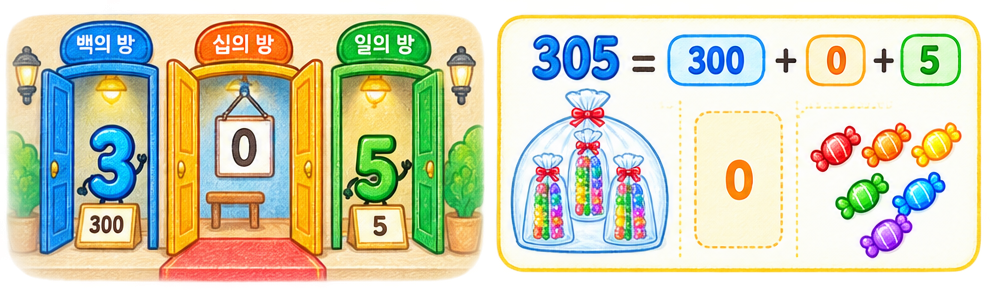 숫자 305에서 십의 자리 방문이 비어 있고 0이라는 팻말이 걸려 있는 모습