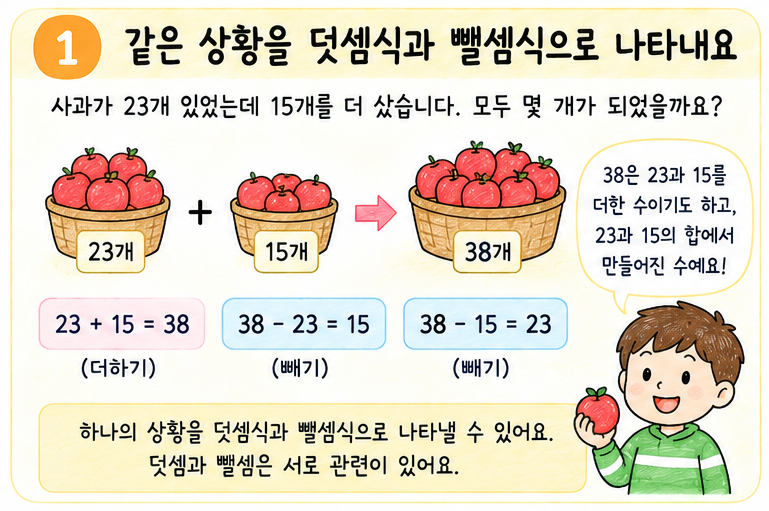 23 더하기 15와 38 빼기 15로 덧셈과 뺄셈의 관계 설명