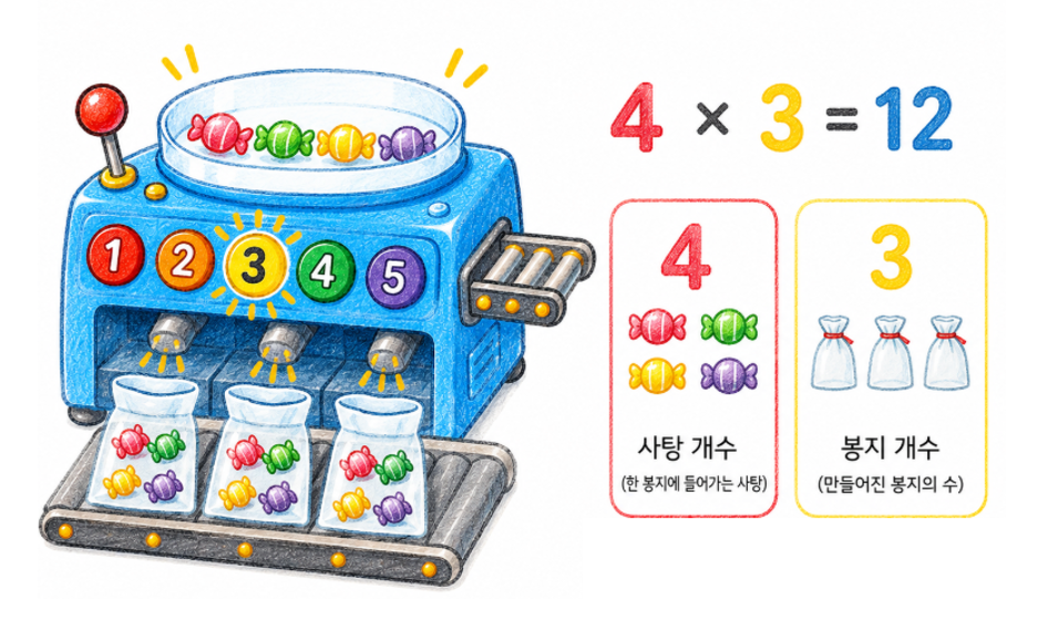 접시에 사탕 4개, 버튼 3이 눌린 기계, 사탕 4개씩 담긴 봉지 세 개
