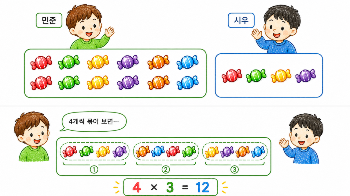 민준이의 사탕 12개와 시우의 사탕 4개