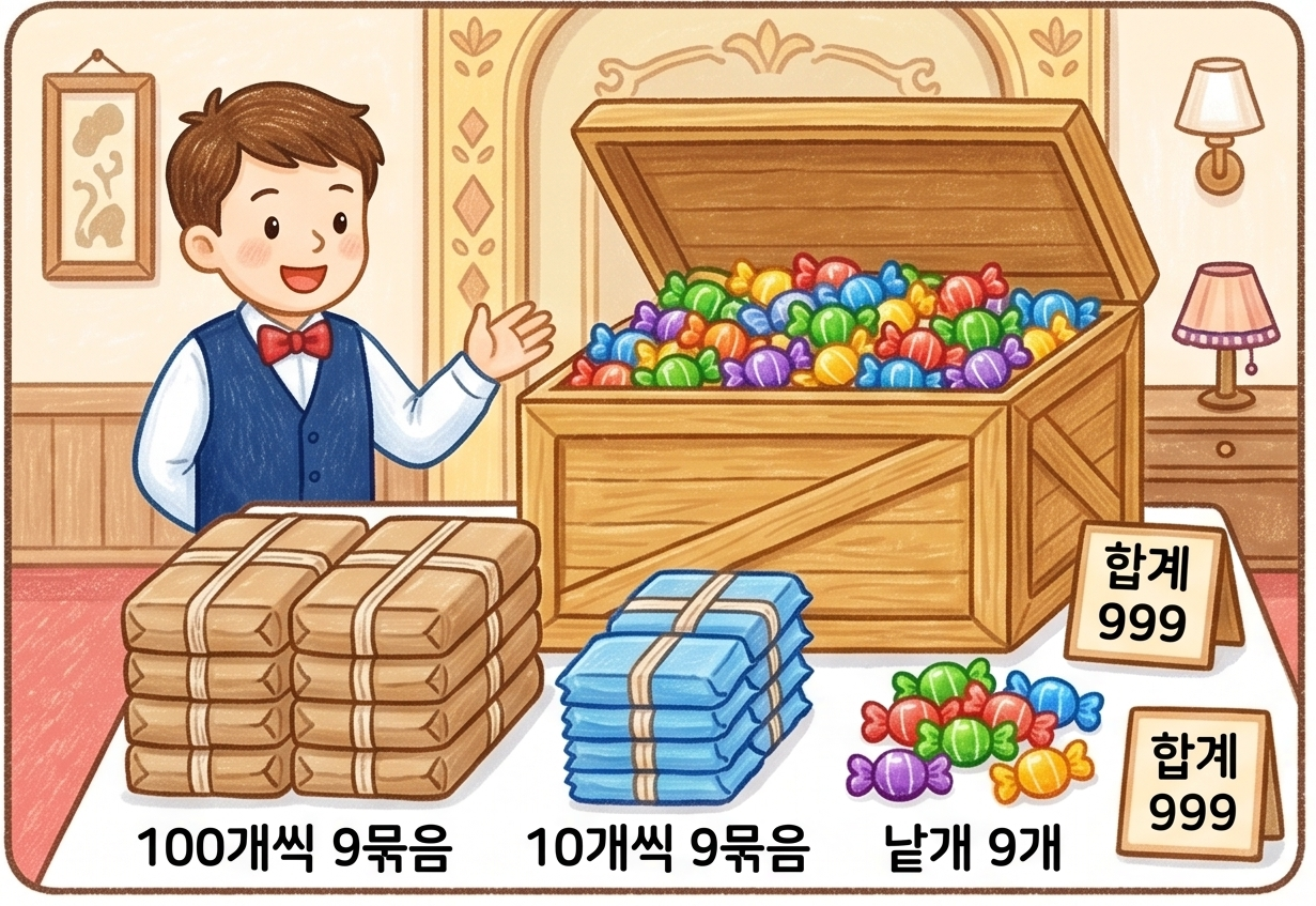 사탕이 100개씩 9묶음, 10개씩 9묶음, 낱개 9개로 정리되어 총 999개가 쌓여 있는 모습