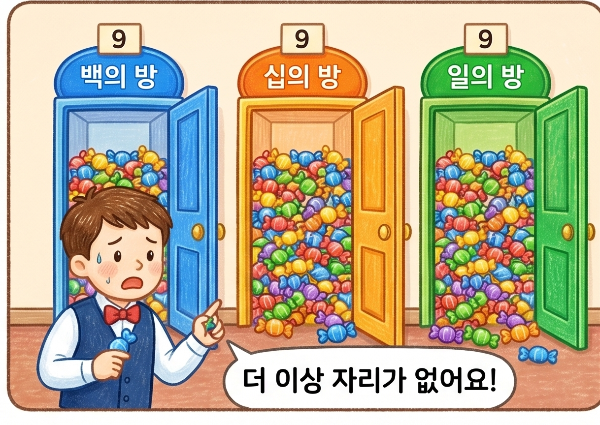 999에 사탕 1개가 더해지며 백의 방, 십의 방, 일의 방이 모두 가득 차 넘치기 직전인 모습