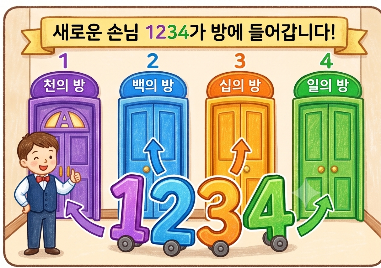 숫자 1234가 1, 2, 3, 4로 나뉘어 각각 천의 방, 백의 방, 십의 방, 일의 방으로 들어가는 모습