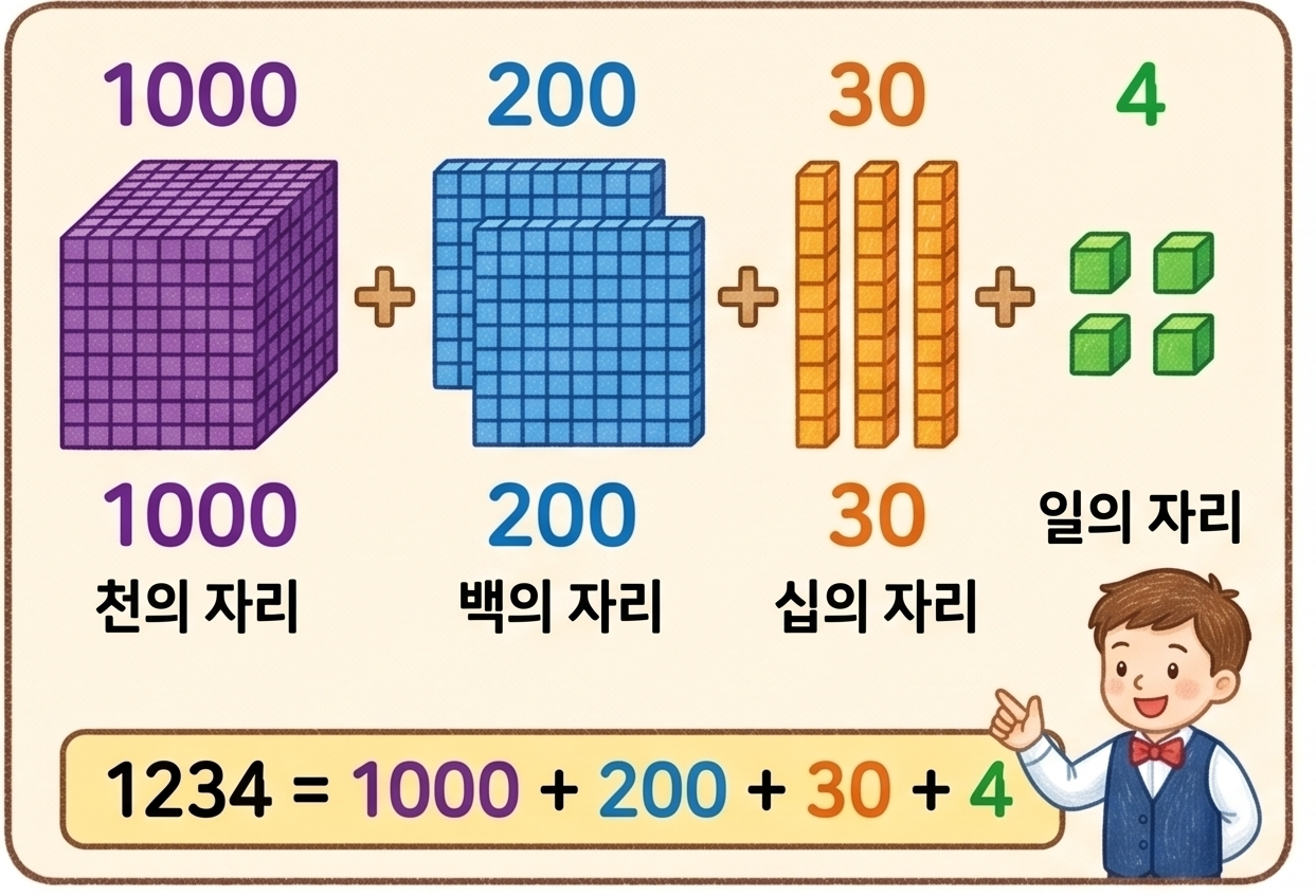 1234 = 1000 + 200 + 30 + 4 로 네 자리 수의 자릿값을 풀어서 보여주는 그림