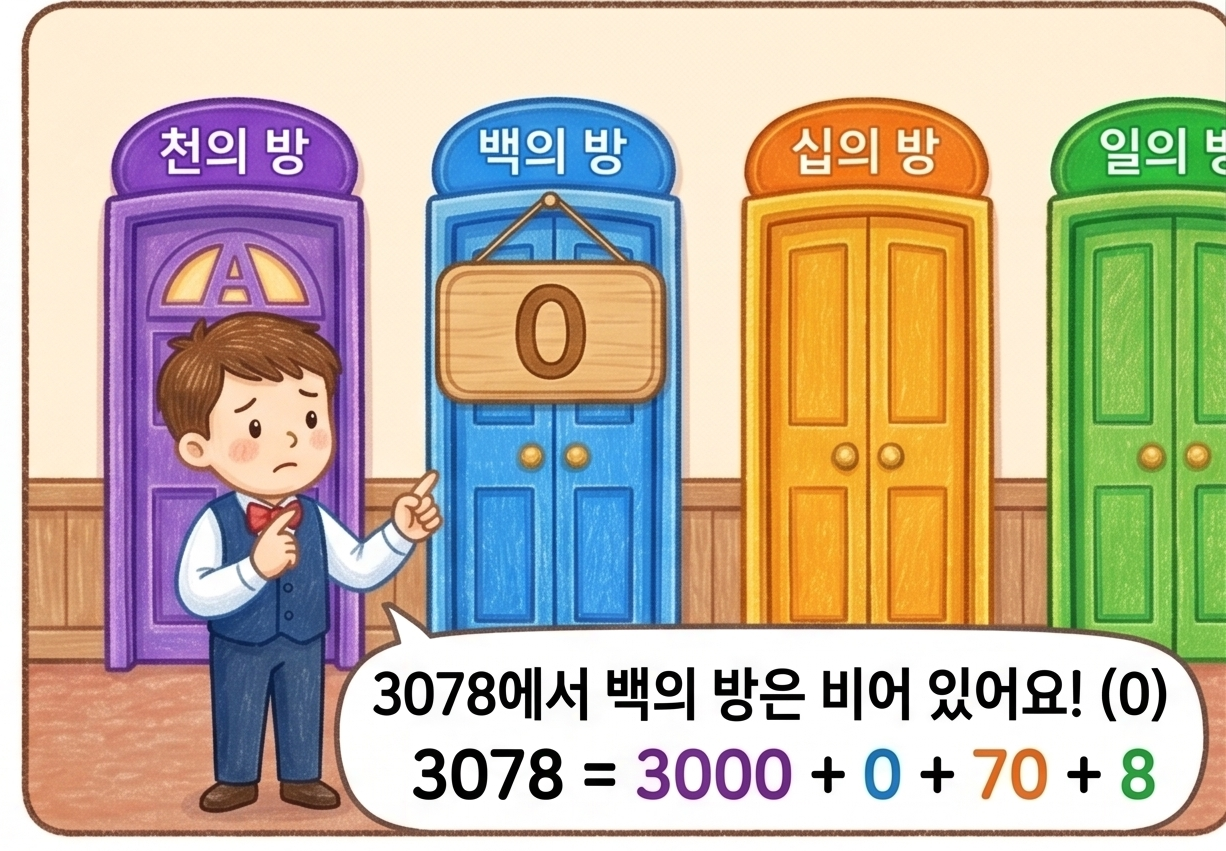 숫자 3078에서 백의 방이 비어 있고 0이라는 팻말이 걸려 있는 모습