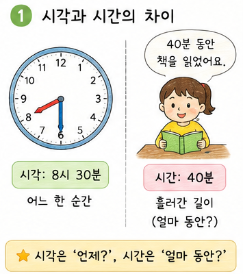 시각과 시간의 차이를 학교 도착 상황으로 설명한 그림