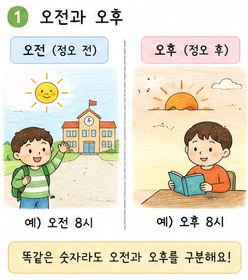 아침부터 밤까지 오전과 오후를 구분한 하루 그림